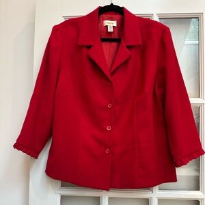 Vintage Talbots 100% Wool Bold Ruby Red Blazer Jacket Ruffled Cuffs Size 16